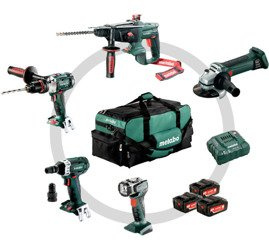 Zestaw METABO Combo Construction 5.1: Carcassy: SB 18 LTX, KHA 18 LTX, W 18 LTX 125 Quick, SSW  18 LTX 200, ULA + ładowarka ASC 30-36 V + 3 akumulatory Li-Ion 18 V / 4,0 Ah + torba narzędziowa (duża)