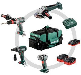 Zestaw METABO Combo Metal 4.1: Casrcassy: GB 18 LTX BL Q I, SSW 18 LTX 400 BL, WB 18 LTX BL 125 Quick, ULA + ładowarka ASC 30-36 V + 2 akumulatory LiHD 18 V / 5,5 Ah + 1 akumulator LiHD 18 V / 3,5 Ah + torba narzędziowa (duża)