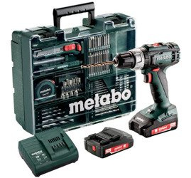 Wiertarko-wkrętarka  METABO BS 18 L SET w walizce PVC, z ładowarką SC 60 Plus + 2 akumulatory Li-Ion 18 V / 2,0 Ah + 74 szt. osprzętu