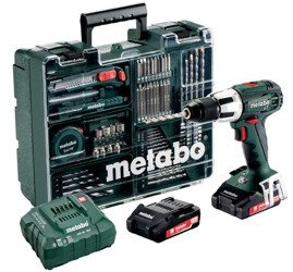 Wiertarko-wkrętarka udarowa  METABO SB 18 LT SET w walizce PVC, z ładowarką ASC 30-36 V + 2 akumulatory Li-Ion 18 V / 2,0 Ah + 74 szt. osprzętu