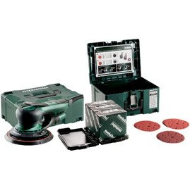 Szlifierka mimośrodowa METABO SXE 150-5.0 BL w Metalock II + samoprzyczepne arkusze szlifierskie do drewna i metalu, 150 sztuk