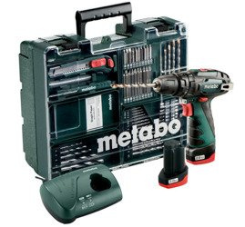 Wiertarko-wkrętarka udarowa METABO PowerMaxx SB SET z ładowarką LC 40 + 2 akumulatory Li-Ion 10,8 V / 2,0 Ah + 63 szt. osprzętu