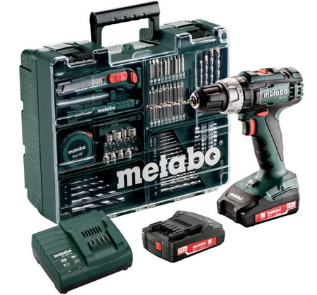 Wiertarko-wkrętarka udarowa  METABO SB 18 L SET w walizce PVC, z ładowarką SC 60 Plus + 2 akumulatory Li-Ion 18 V / 2,0 Ah + 74 szt. osprzętu