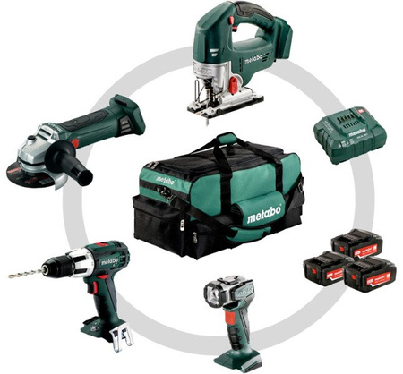 Zestaw METABO Combo Construction 4.1: Carcassy: SB 18 LT, STA 18 LTX, W 18 LTX 125 Quick, ULA + ładowarka ASC 30-36 V + 3 akumulatory Li-Ion 18 V / 4,0 Ah + torba narzędziowa (duża)