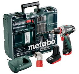 Wiertarko-wkrętarka METABO PowerMaxx BS Quick Pro SET z ładowarką LC 40 + 1 akumulator Li-Ion 10,8 V / 2,0 Ah + 1 akumulator Li-Ion 10,8 V / 4,0 Ah + przystawka kątowa + 63 szt. osprzętu