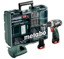 Wiertarko-wkrętarka METABO PowerMaxx BS SET z ładowarką LC 40 + 2 akumulatory Li-Ion 10,8 V / 2,0 Ah + 63 szt. osprzętu